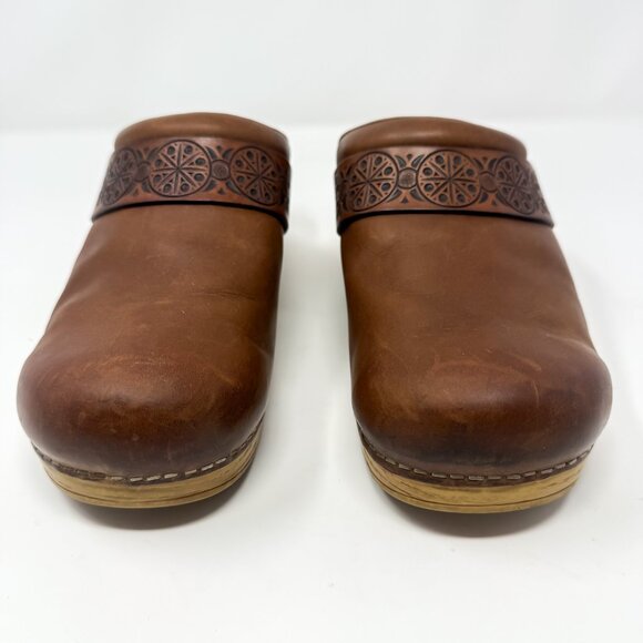 Dansko Saundra Brown Leather Embossed Clogs Mules Women's 42 Scandinavian Style - Picture 3 of 12